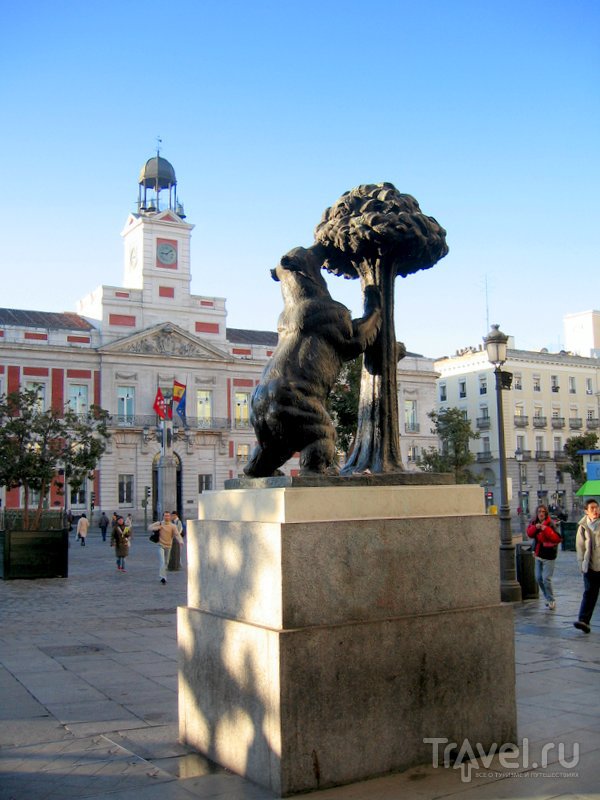 Медведь и земляничное дерево - символ Мадрида. На заднем плане - здание почтамта